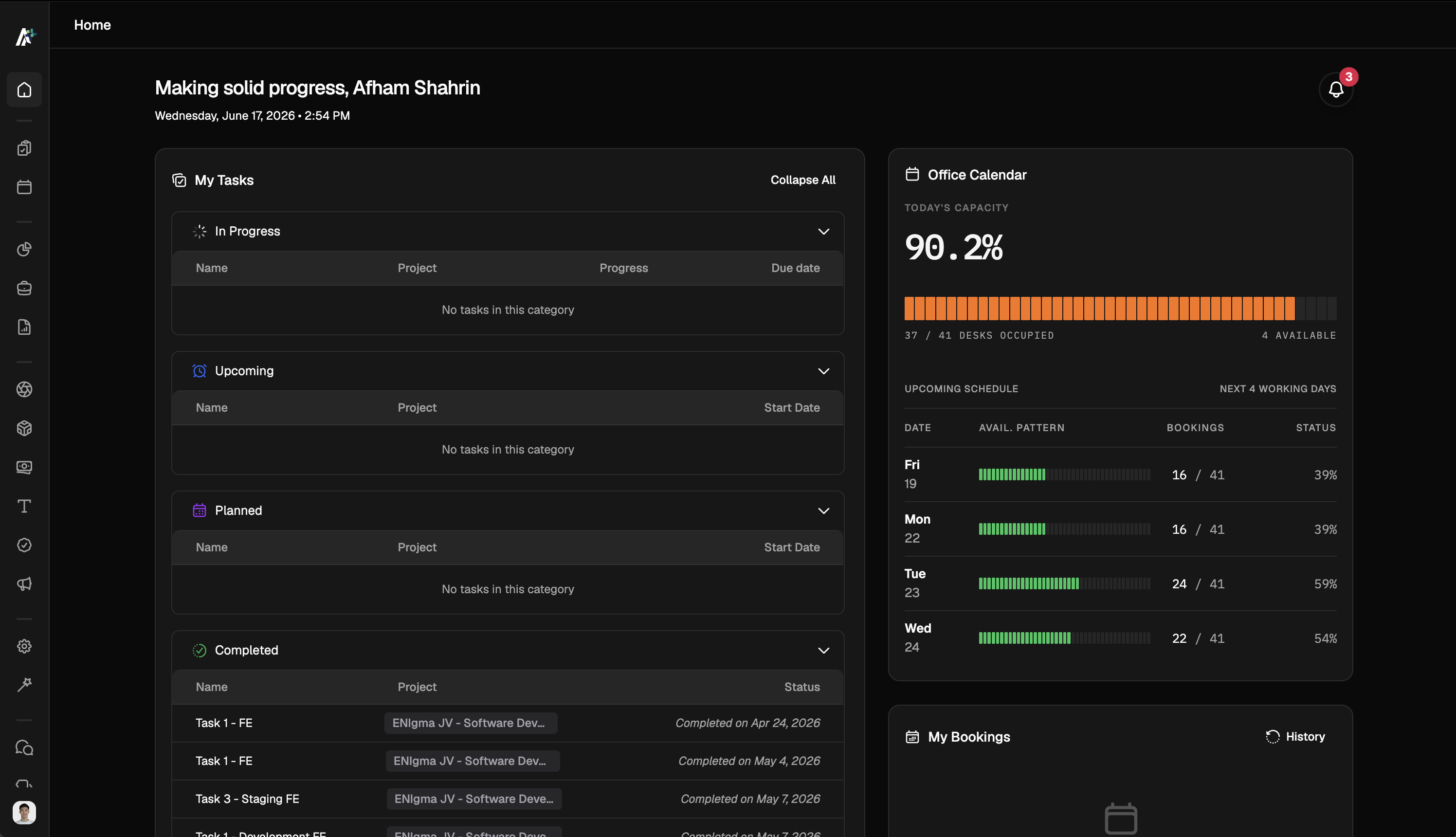 AEM+ dashboard showing tasks and office calendar
